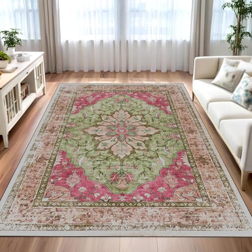 Taidianolp Teppich Zimmer Deko,Moderner Druck mit floralem, grünem, gealtertem Muster, Fuchsia, 120 x 120 cm,Waschbarer Kurzflor Teppiche Designer Modern Schlafzimmer von Taidianolp