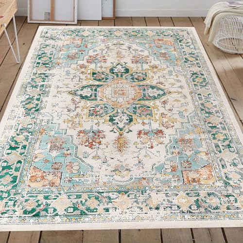 Taidianolp Teppich Zimmer Deko,Retro Medaillon Distressed Design Orientalisch Dunkelgrün Shabby Chic,Beige, 180 x 210 cm,Wohnzimmerteppich Waschbar Kurzflor Teppiche groß Schlafzimmer von Taidianolp