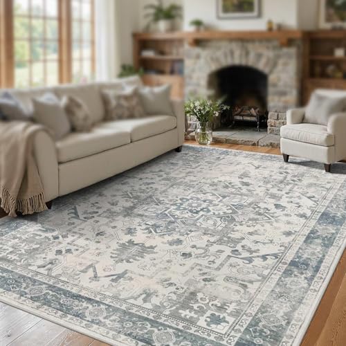 Taidianolp Teppich Zimmer Deko,Vintage-Blumendruck im Used-Look, Blau, 200 x 200 cm,rutschfest Waschbar Teppiche groß Wohnzimmer Schlafzimmer von Taidianolp