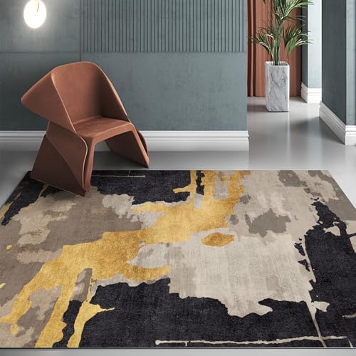 Teppich Wohnzimmer Deko,Black,120 x 150 cm,Schwarz Taupe Grau Gelb Modernes Muster,Teppiche Kurzflor rutschfest Waschbar Design Modern Schlafzimmer von Taidianolp