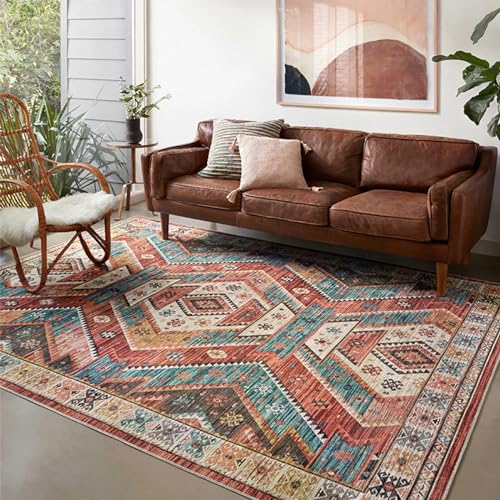 Teppich Wohnzimmer Deko,Red,140 x 200 cm,Rot Orange Teal Blau Vintage Traditionelle Orientalische Muster von Taidianolp