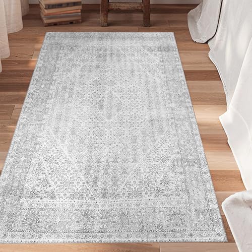 Teppich Zimmer Deko,Vintage Traditionelle Bodenmatte mit Blumenmuster im Used-Look, Grau-Weiß 180 x 270 cm,Wohnzimmerteppich, Teppiche groß Wintergarten Schlafzimmer von Taidianolp