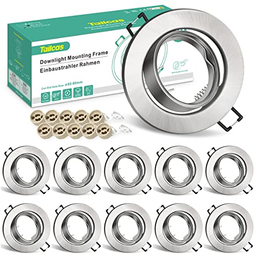 Tailcas 10er Einbaustrahler GU10 Set Rahmen 230V inkl. GU10 Fassung, LED Einbauspots 68mm Lochdurchmesser in Edelstahl Gebürstet, 30° Schwenkbar Rund Einbaurahmen für LED oder Halogen Leuchtmittel von Tailcas