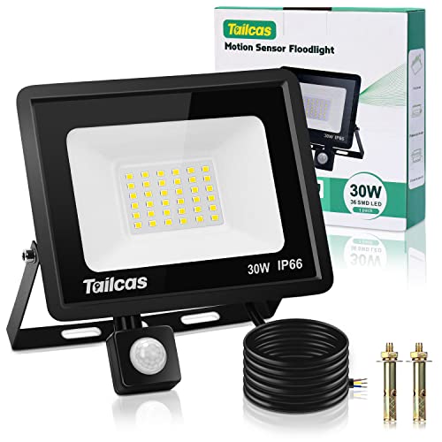 Tailcas 30W Led Strahler mit Bewegungsmelder Außen, 6500K Kaltweiß Superhell 36 Leds Scheinwerfer, 2700LM Außenstrahler, IP66 Wasserdicht Fluter für Garten, Innenhöfe, Garage, Haus, Hotel von Tailcas