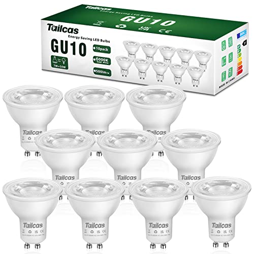 Tailcas GU10 LED Lampen Kaltweiß, 7W LED Leuchtmittel Ersetzt 50W Glühbirne, Kaltweiss 6000K Birne 500lumen, Nicht Dimmbar Kein Flackern Spot GU10, 38° Abstrahlwinkel Strahler, 10 Stück von Tailcas