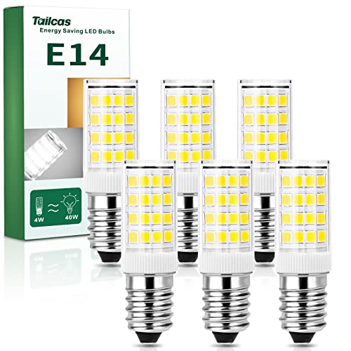 Tailcas E14 LED Birne Kaltweiß, 4W E14 Lampe 6000K Kühlschranklampe Ersatz für 40W Glühlampe, 400LM, AC 220-240V, für Dunstabzugshaube Nähmaschine Wohnzimmer, Nicht Dimmbar, 6er Pack von Tailcas