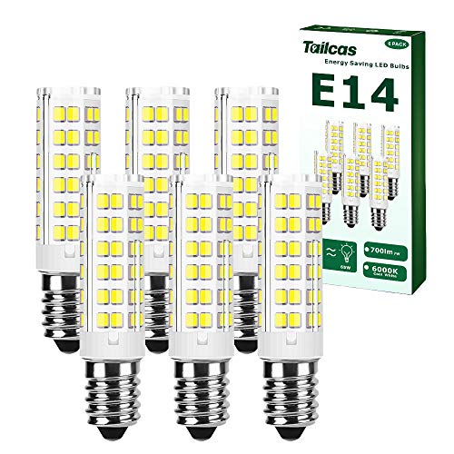 Tailcas E14 Led Kaltweiß Birne, 7W 6000K E14 Lampen Ersatz für 65W Halogenlampen, 15.1 x 65 mm, 700Lm, AC 220-240V, Nicht Dimmbar Kein Flackern Led Leuchtmittel, für Küche, Wohnzimmer (6 Stück) von Tailcas