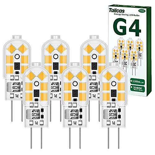 Tailcas G4 Led Birne Warmweiss, 1.2W 12V G4 Led Glühbirnen, Ersatz für 10W Halogenlampen, 120lm 3000K 360° 12V AC/DC Led Leuchtmittel, Kein Flackern Nicht Dimmbar Stiftsockellampe Lampen, 6er Pack von Tailcas