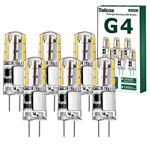 Tailcas G4 LED Lampen, Birnen 1.5W Warmweiß Led G4 Stiftsockel, AC/DC 12V mit 180LM Warmweiss 3000K, Leuchtmittel G4 Glühbirne Ersatz für 20W Halogen Lampen, Nicht Dimmbar Kein Flackern, 6 Stück von Tailcas