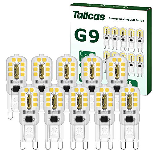 Tailcas G9 LED Lampen Kaltweiss 6000K, 3W Kaltweiß Glühbirne G9, Entspricht 30W Halogenlampe, 300Lumen Kein Flimmern Leuchtmittel (16.5 x 48.5 mm), Nicht Dimmbar, AC 220-240V, 10 Stück Mini Birnen von Tailcas