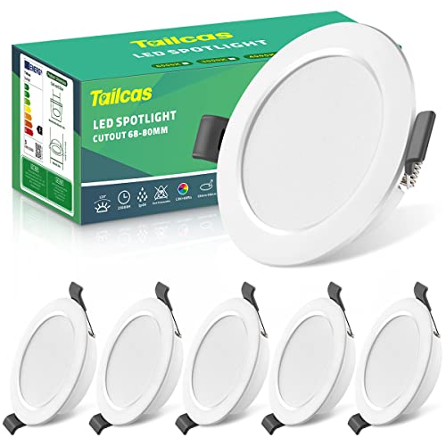 LED Einbaustrahler 230V, 5W Flach Spot IP44 6er Set, 68-80mm EinbauØ Deckenspots Einbauleuchten 4000K Neutralweiß 450LM, Einbautiefe 25mm Deckenstrahler für Badezimmer Wohnzimmer Küche von Tailcas