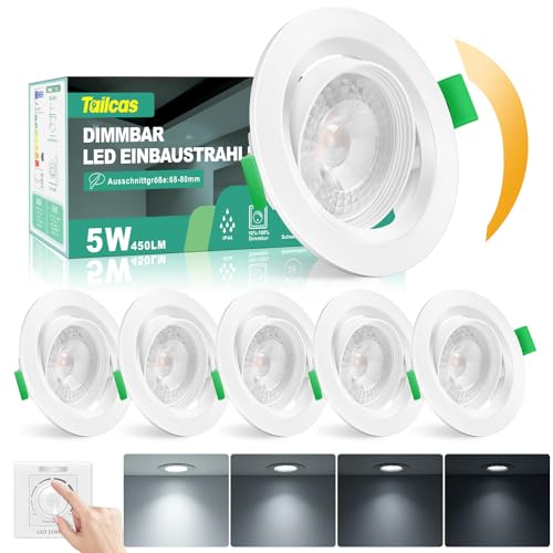 LED Einbaustrahler 230V Flach Dimmbar, LED Spots 5W 450LM Deckenspots IP44 LED Einbauleuchten Lochmass 68-80mm, Kaltweiß 6000K Schwenkbar Einbaustrahler für Badezimmer Küche Wohnzimmer, 6er Set von Tailcas