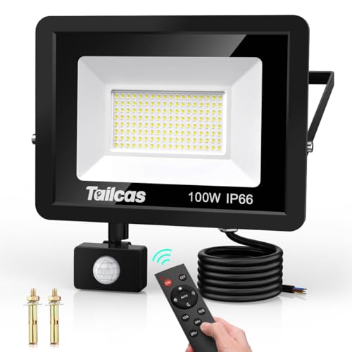 Tailcas LED Strahler mit Bewegungsmelder Außen 100W, 6500K Kaltweiß LED Fluter Aussenleuchte, Superhell 9000LM Außenstrahler, IP66 Wasserdicht Außenlampe mit Fernbedienung für Garten, Garage, Hof von Tailcas