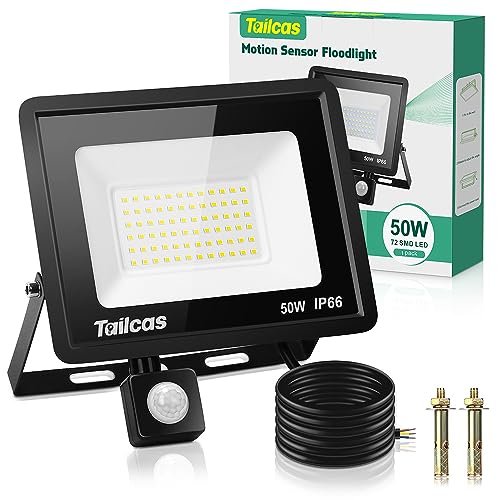 Tailcas 50W Led Strahler mit Bewegungsmelder Außen, 4500LM 6500K Superhell LED Fluter mit Sensor IP66 Wasserdicht Flutlichtstrahler Scheinwerfer Licht Wandleuchte für Hof, Garage, Garten von Tailcas