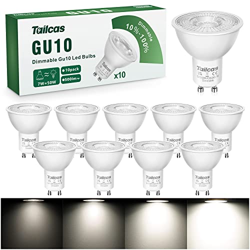 Tailcas Dimmbar GU10 LED Lampe, GU10 led Glühbirne 7W Ersetzt 50W Halogenlampe, 6000K Kaltweiß Spotlight Birne 500 lumen, 38° Abstrahlwinkel Strahler Spot GU10 Dimmbar, 10 Stück von Tailcas