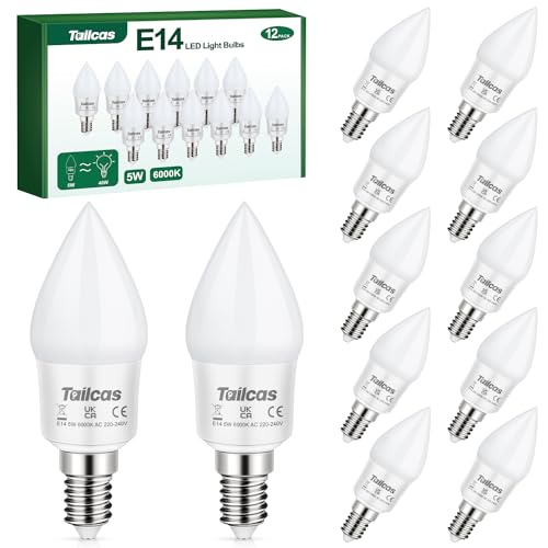 Tailcas E14 LED Lampe 6000K Kaltweiß, 5W E14 LED Kerze Lampe ersetzt 40W Glühlampen, 450 Lumen E14 LED Glühbirnen, Nicht Dimmbar Energiesparlampe Kein Flackern, 12 Pack von Tailcas