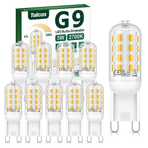 Tailcas G9 LED Dimmbar, Warmweiß 2700K G9 LED 10er Pack, 5W G9 LED Lampe Ersetzt 40W Halogen Lampe, 450LM Kein Flackern Leuchtmittel G9 LED, 360° Abstrahlwinkel G9 Birne Enegiesparende, AC 220-240V von Tailcas