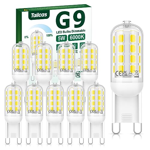 Tailcas G9 LED Dimmbar Kaltweiß, 5W 6000K G9 LED Lampe Ersetzt 40W Halogen Lampe, 450LM Kein Flackern Leuchtmittel G9 LED, 360° Abstrahlwinkel G9 Birne Enegiesparende, AC 220-240V 10er Pack von Tailcas