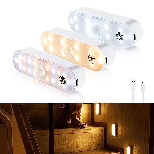 Tailcas Nachtlicht mit Bewegungsmelder, 4 Modi 3 Farben Dimmbar Nachtlicht Kinder Treppenbeleuchtung, 3 Stück 20 LED 1500mAh Aufladbar USB Magnetische Nachtlampe für Schlafzimme, Treppe von Tailcas