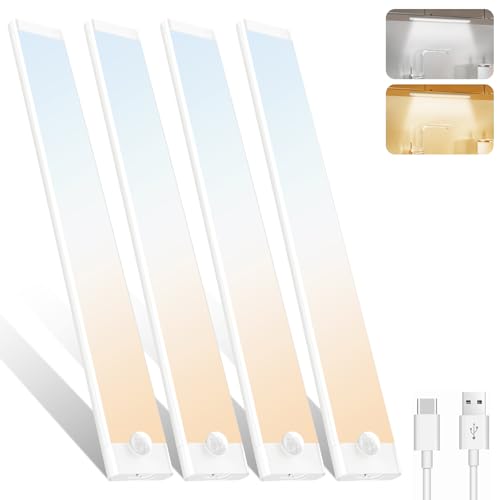 Tailcas Unterbauleuchte Küche 30cm, 4 Stück 72 LEDs 2000 mAh USB-C Aufladbar Schrankbeleuchtung Mit Bewegungssensor, 3000K/6000K Dimmbar Nachtlicht Leiste Batterie Mit Magnet für Schrank Theke Flur von Tailcas