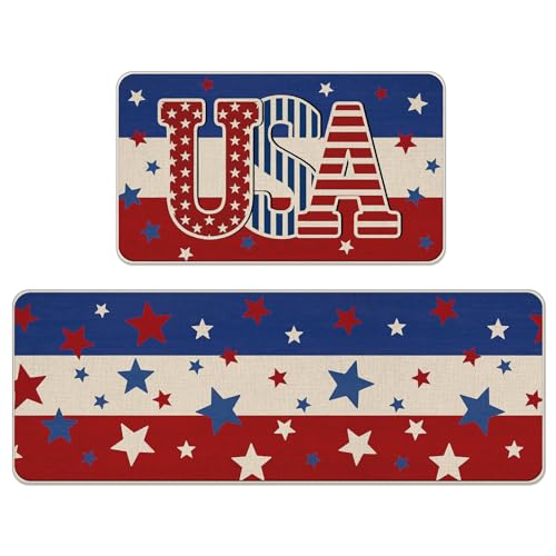 Tailus 4. Juli USA patriotische Küchenteppiche, 2er-Set, Amerika-Sterne, blau-weiß-rote Streifen, Unabhängigkeitstag, Küchenmatten, Dekoration, amerikanische Boden-Fußmatte, Heimdekoration, 43,2 x von Tailus