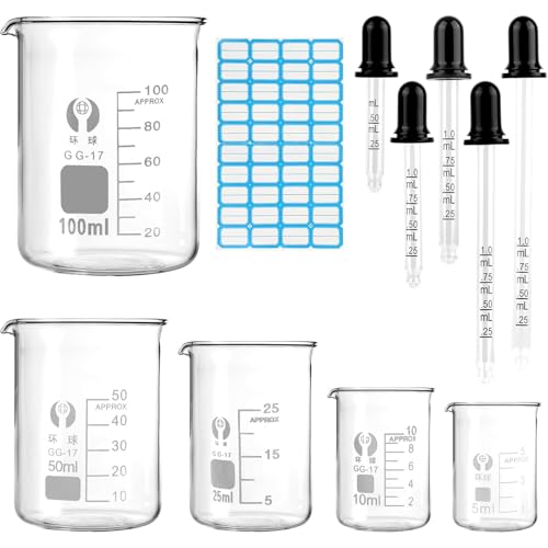 16 Stück Messbecher Set,Becherglas 100ml 50 ml 25 ml 10 ml 5 ml, Pipetten 5 ml, 10 ml, 20 ml, 50 ml, 100 ml mit 5 Schwarzen Klebespitzen+ 1 Bogen mit Sortieraufklebern für Labor von TaimeiMao