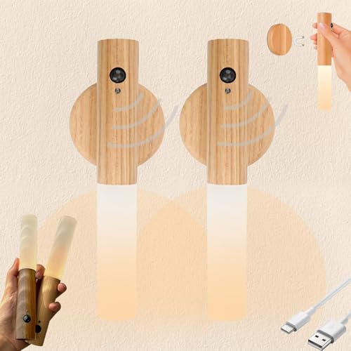 2 Stück Holz Wandleuchte Mit Bewegungsmelder Usb Aufladbar Magnet Wandbeleuchtung Ohne Stromanschluss Wandlampe Warmweiß Motion Sensor Light Bewegungssensor Licht Für Schlafzimmer Flure Treppenhäuser von TaimeiMao