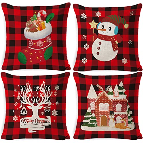 4 Stück Weihnachten Kissenbezug,45*45cm Frohe Weihnachten Kissenhülle,Weihnachten Baumwolle Leinen Werfen Sie Kissenbezüge,Weihnachten Dekokissen,Schlafzimmer Sofa Dekorativ Kissenhülle (A-15) von TaimeiMao