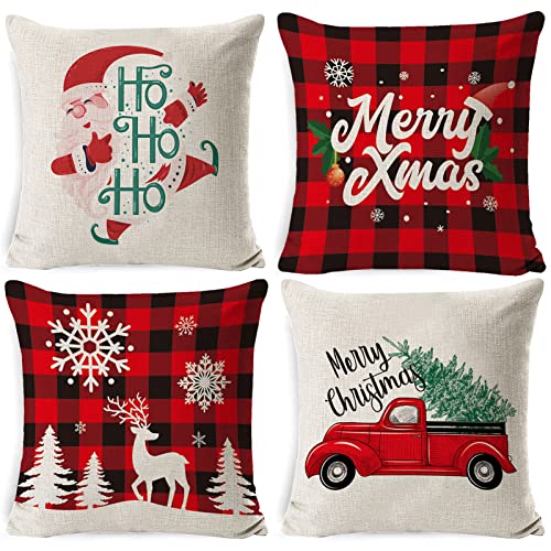 4 Stück Weihnachten Kissenbezug,45*45cm Frohe Weihnachten Kissenhülle,Weihnachten Baumwolle Leinen Werfen Sie Kissenbezüge,Weihnachten Dekokissen,Schlafzimmer Sofa Dekorativ Kissenhülle (A-16) von TaimeiMao