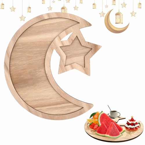 Holz Tablett Ramadan Tischdeko Stern Mond Ramadan Tray Party Servieren Geschirr Teller Eid Mubarak Dekoration Für Frühstück, Abendessen, Dessert, Gebäck, Ausstellungsständer von TaimeiMao