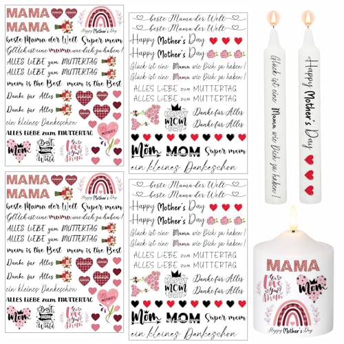 Kerzen Tattoo Muttertag,4 Stück Kerzenfolie Muttertag A5,Beste Mama Kerzensticker,Wasserschiebefolie Kerzen,Sprüche zum Muttertag,DIY Dekoration Geschenk für Kerzen und Tassen von TaimeiMao