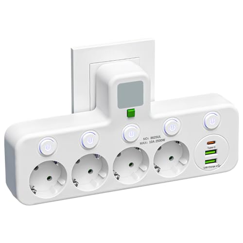 Steckdosenleiste mit USB, Tragbar Steckdosenverteiler, 4 Steckdosen & 3 USB-Ports (inkl. Type-C), Steckdosenadapter Power platzsparend für Küche, Wohnzimmer und Schlafzimmer von TaimeiMao