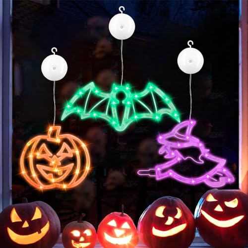 TaimeiMao Halloween-Dekorationen, Orangefarbener Kürbis, Grüne Fledermäuse und Lila Hexen, Fensterlichter mit Saugnapf, batteriebetriebene Innenbeleuchtung für Halloween-Fensterdekoration (Stil A) von TaimeiMao