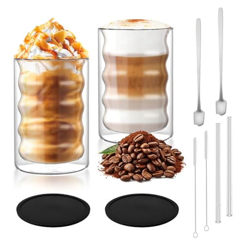 Taimimy Latte Macchiato Gläser Doppelwandig 350ml 2er Set mit 2 Löffeln, Doppelwandige Kaffeegläser Cappuccino Tassen, Espressotassen Thermogläser Teegläser aus Borosilikatglas(2x350ml+2 Löffel) von Taimimy