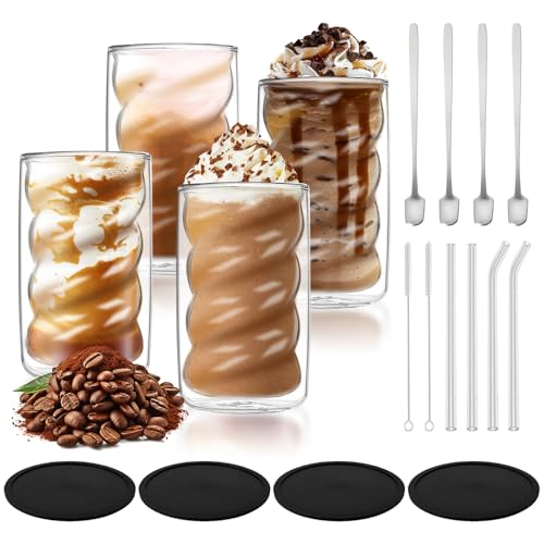 Taimimy Latte Macchiato Gläser Doppelwandig 350ml 4er Set mit 4 Löffeln, Doppelwandige Kaffeegläser Cappuccino Tassen, Espressotassen Thermogläser Teegläser (4x350ml+4 Löffel) von Taimimy