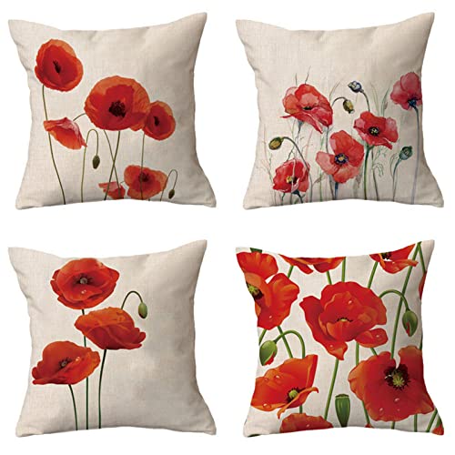 Tainrun 4er Set Dekorativ Kissenbezug Rote Mohnblumen(45x45cm), Leinen Kissenbezüge Dekorative Kissenhülle Zierkissenbezug mit Unsichtbarem Reißverschluss für Couch, Auto, Schlafzimmer von Tainrun