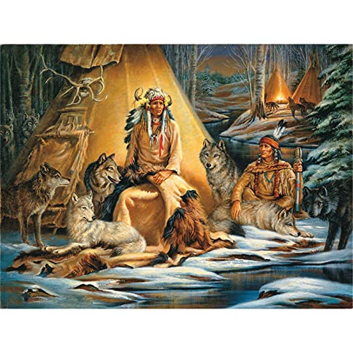 DIY 5D Diamond Painting Set,Indianer Mann Wolf Voll Bohrer Diamant Malerei Bilder Kits für Erwachsene Kinder,Kristall Strass Stickerei Kreuzstich Arts Craft für Home Wall Décor Geschenk 40x60cm von Tainrun