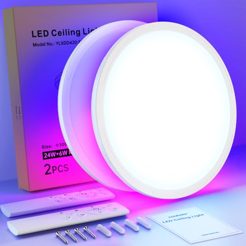 Taipow Deckenlampe Led Deckenleuchte 2 Pcs, 24W 2160LM Rund Wohnzimmer Lampe Decke, 3000K-6500K 7 RGB Farben Schlafzimmerlampe, Flach Badlampe mit Fernbedienung, Deckenleuchten für Küche Flur - Ø30cm von Taipow