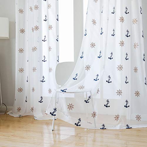 Taisier Home Anker & Ruder Muster nautisches Thema Stickerei Tüll Voile Tür Fenster Zimmer Sheer Vorhänge 2 Paneele bestickt Gaze Vorhang 183 cm lang für Schlafzimmer Ösen Top Stil von Taisier Home