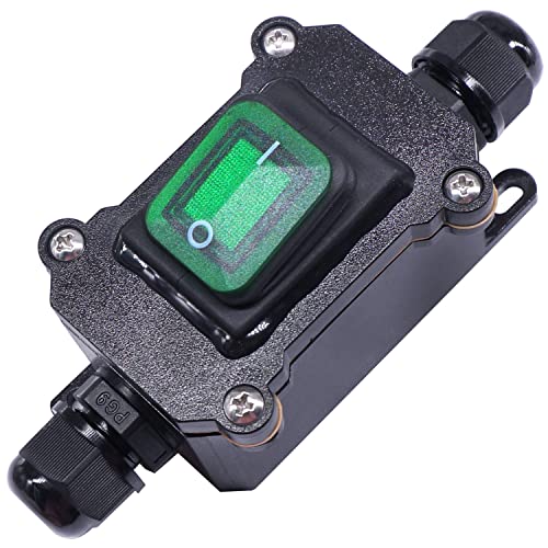 Taiss/IP67 wasserdichter inline schalter kabelschalter 12V DC 20A DPST 4 polig, Ein/Aus Wippschalter für den Außeneinsatz,Mit LED grün Licht Joystick Tasten,Auf beiden Seiten Ein und Ausgang von Taiss