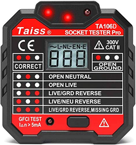 Taiss/Stromprüfer,Steckdosenprüfgerät mit Spannungsanzeige LCD Display 48-250V Automatischer Stromkreis Polaritätsspannungsdetektor Wandstecker Unterbrecher TA106D von Taiss