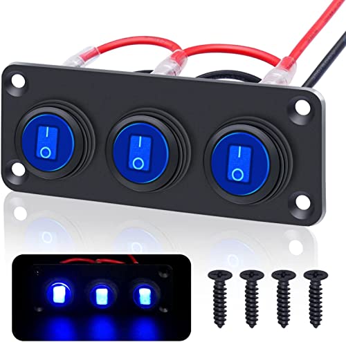 Taiss/3 Gang 12V Schalter Panel 20A wasserdicht rundes Wippschalter 3 Pin On/Off Blaue LED Leuchten für Kfz, RV, Yacht, sanhänge, Marine Ect KCD1-8-101NW-BU-BX von Taiss