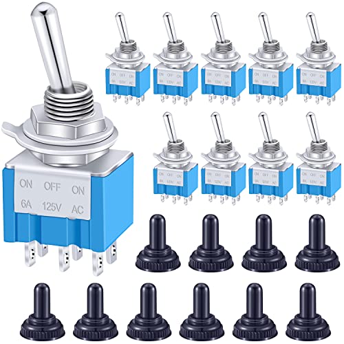 Taiss / 10 Stücke Blau Mini Kippschalter AC 125 V 6A Ampere EIN/AUS/EIN 3 Position 6 Pin DPDT+ 10 Stücke Wasserdichte Kappe MTS-203+MZ von Taiss