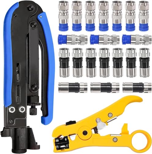 Taiss Kompressionszangen Set Abisolierwerkzeug Koaxialkabel Crimpzange Kit mit 20 Stück Kompression F Stecker RG6 RG59 RG7 RG11 für Koaxialkabel F-070-BU-Y von Taiss