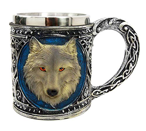 Taisuko Alpha Grauer Wolf Celtic Tribal Magic Harz 18.6oz Becher mit Edelstahlrand Figur Kaffee Bierkrug (550ml / 18.6oz) von Taisuko