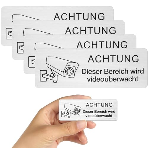 4 Stück Achtung Videoüberwachung Schild 8.5x3 cm Selbstklebend Aluminium Schild Warnschild Kamera überwachung Schild Rostfrei Warnschild- für Innen und Außen- Tür- und Fenster-Warnung von Taiyyi