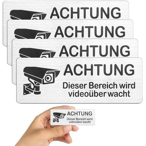 4 Stück Selbstklebend Aluminium Schild 8.5x3 cm Achtung Videoüberwachung Schild Warnschild Kamera überwachung Schild Rostfrei Warnschild- für Innen und Außen- Tür- und Fenster-Warnung von Taiyyi