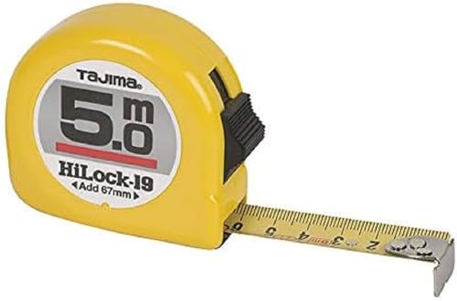 Tajima Profi - Bandmaß (Hi-lock Maßband im Kunststoffgehäuse, Taschenmaßband mit Festelltaste, 5m lang, 19mm breit, gelb) H9P50MYD von Tajima