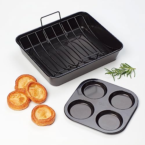 Tala Performance Bräter mit Gitterrost und großer Yorkshire-Form, Karbonstahl von professioneller Stärke, Eclipse-Premium-Antihaftbeschichtung, ideal zum Kochen und Braten, schwarz, 38 x 32 x 7,5 cm von Tala