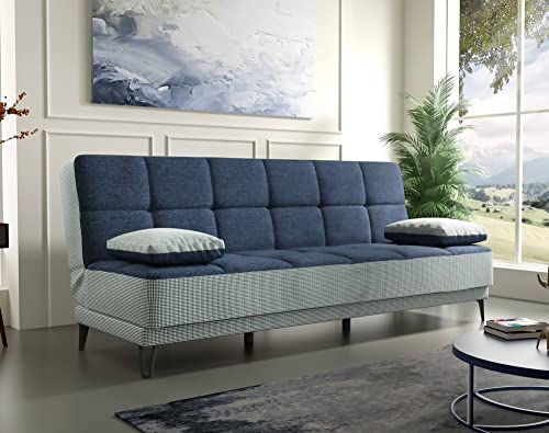 Dmora Jordi, 3-Sitzer-Schlafsofa mit schwarzen Metallfüßen, Wohnzimmer-Sofa aus gepolstertem Stoff mit klick-Klack-Öffnung, 190 x 87 x 97 cm, Grau und Blau von Talamo Italia